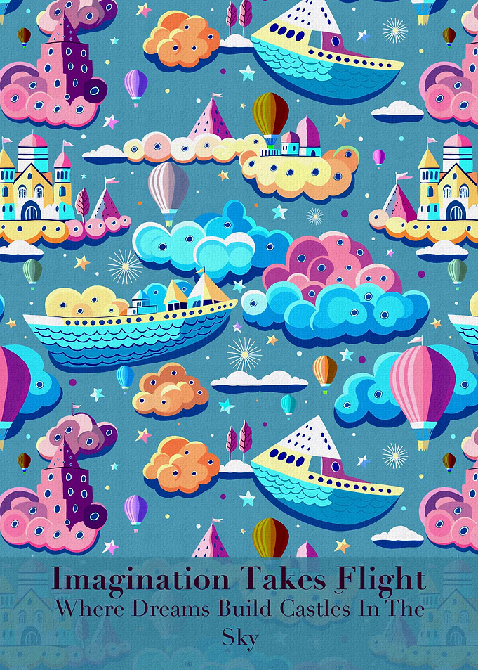 Imagination Takes Flight – Blue Fantasy Sky Castle & Airship Art Print