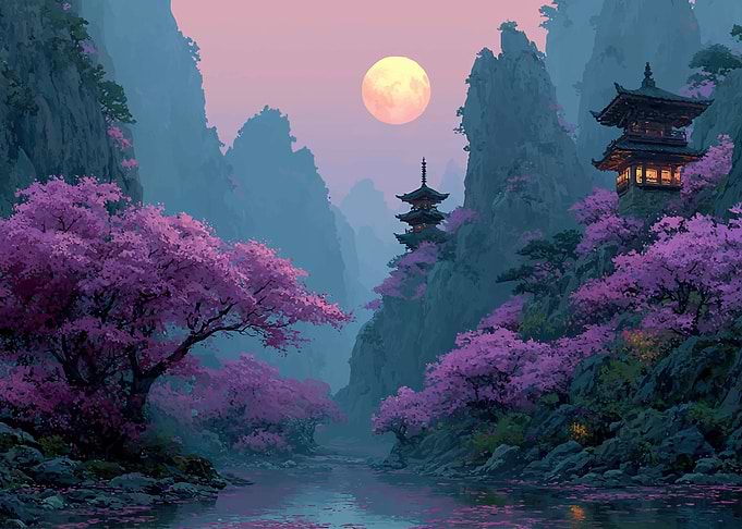 Serene Japanese Valley at Dusk