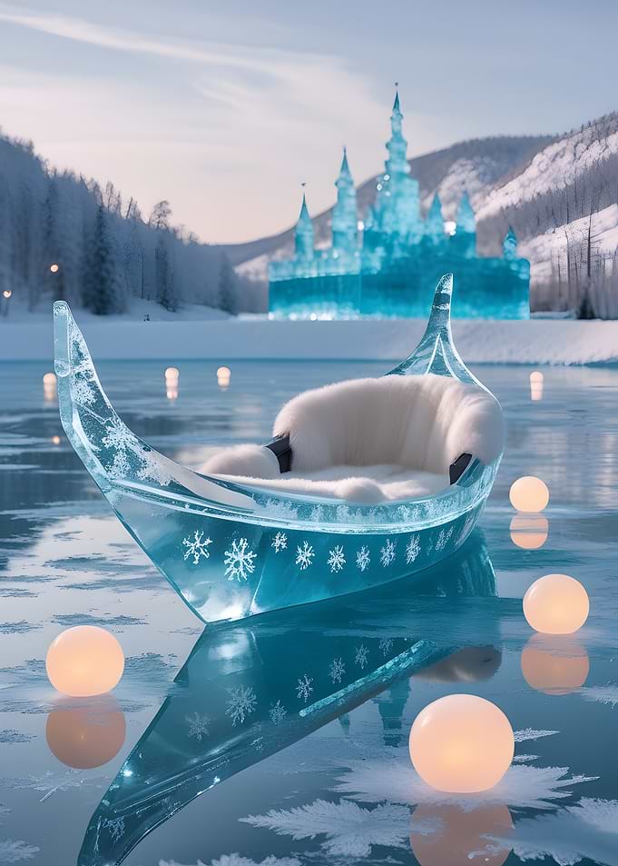Ice Castle and Gondola on Frozen Lake