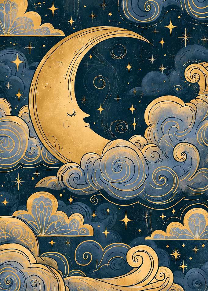 Whimsical Crescent Moon in a Starry Night Sky