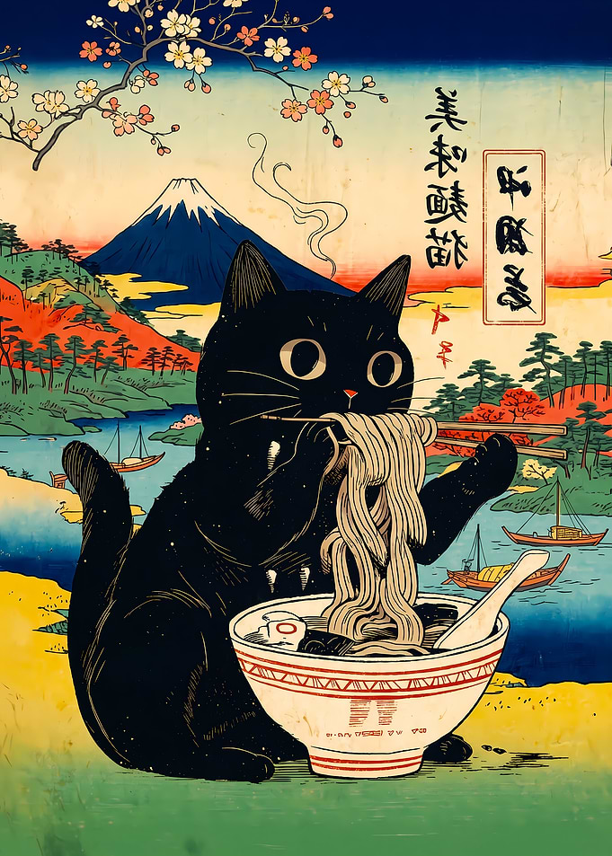 Black Cat Eating Ramen in Ukiyo-e Style