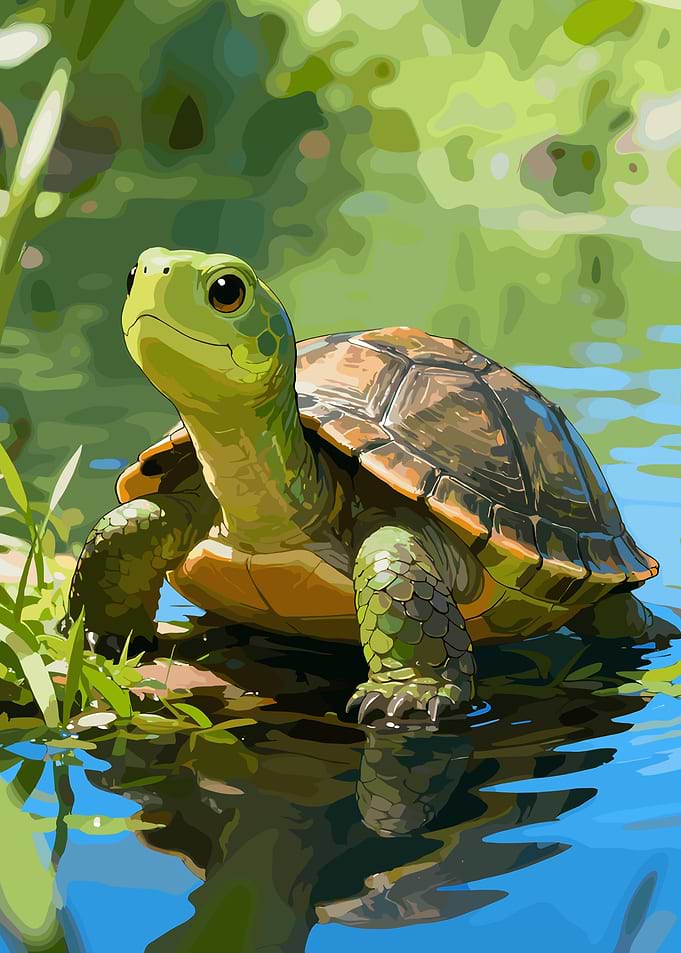 Turtle in Water with Greenery