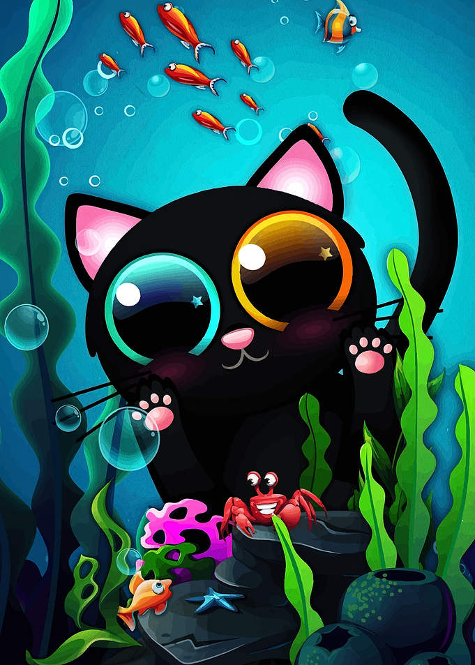 Cute Black Cat Underwater Scene