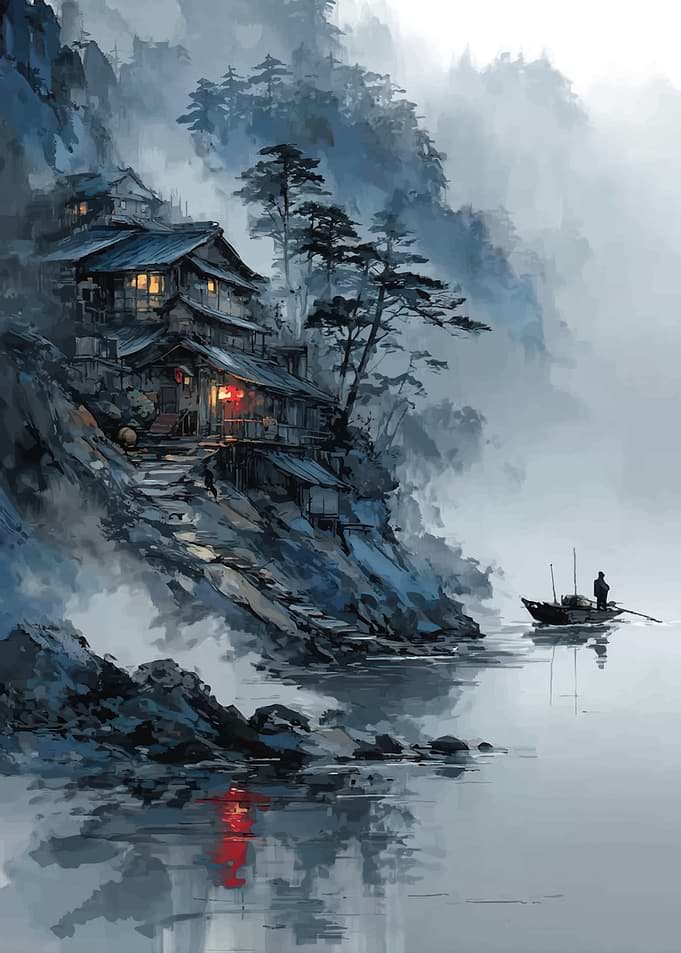 Misty Mountain Village with Boat