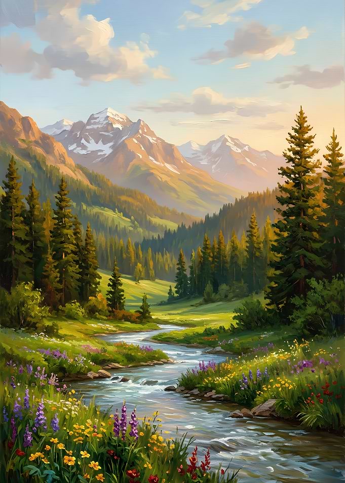 Mountain Valley River Landscape Painting
