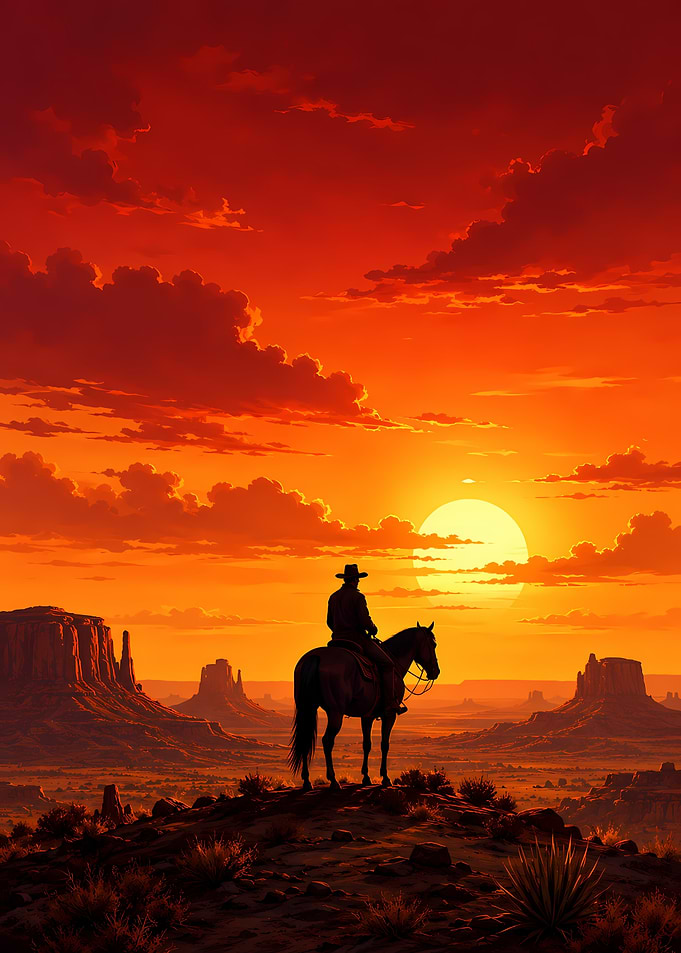 Cowboy silhouetted against a fiery sunset