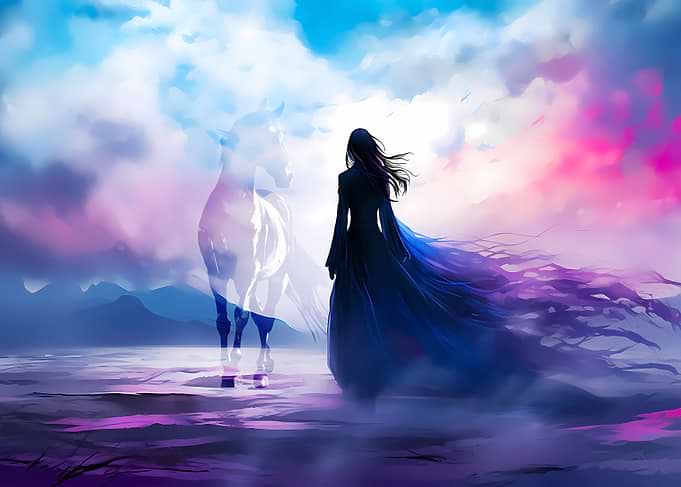 Woman and Horse in Ethereal Landscape