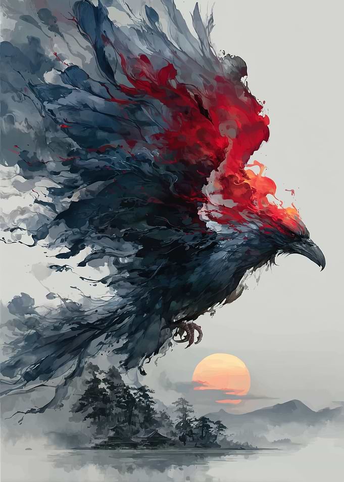 Fiery Raven Over Japanese Landscape
