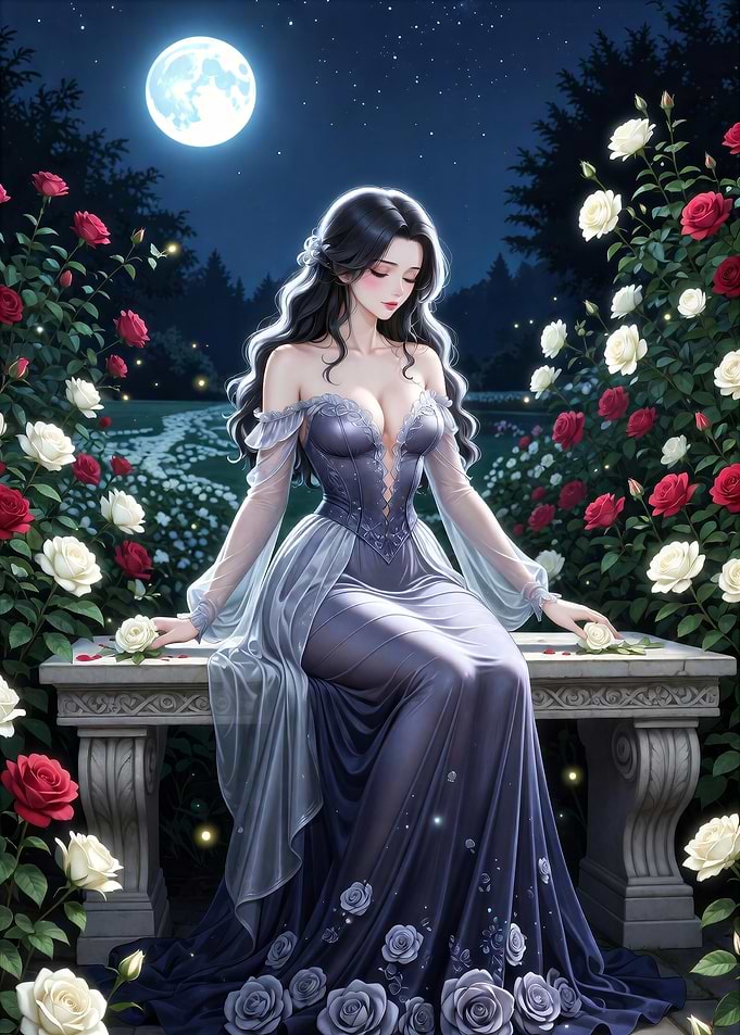 Woman in a Garden at Night