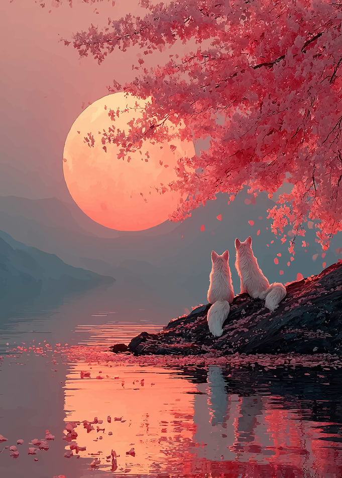 Two foxes under cherry blossoms by the moon