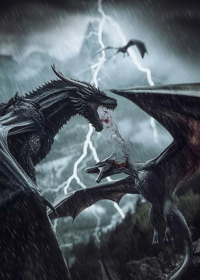 Dragons battling in a storm