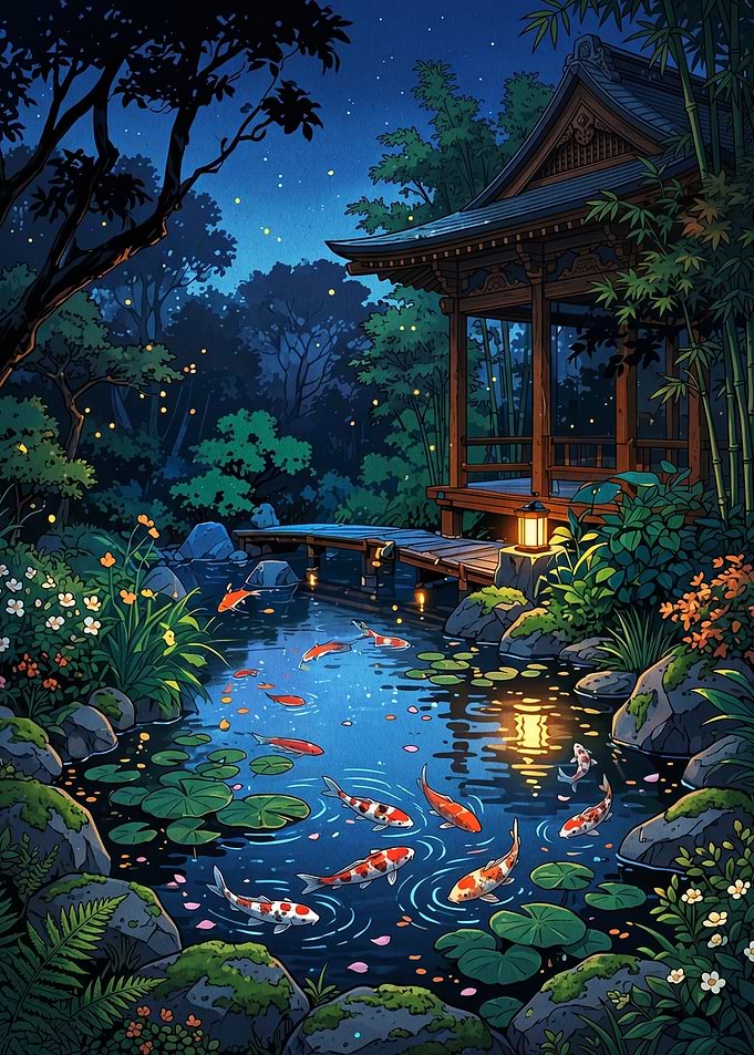 Enchanting Koi Pond at Night