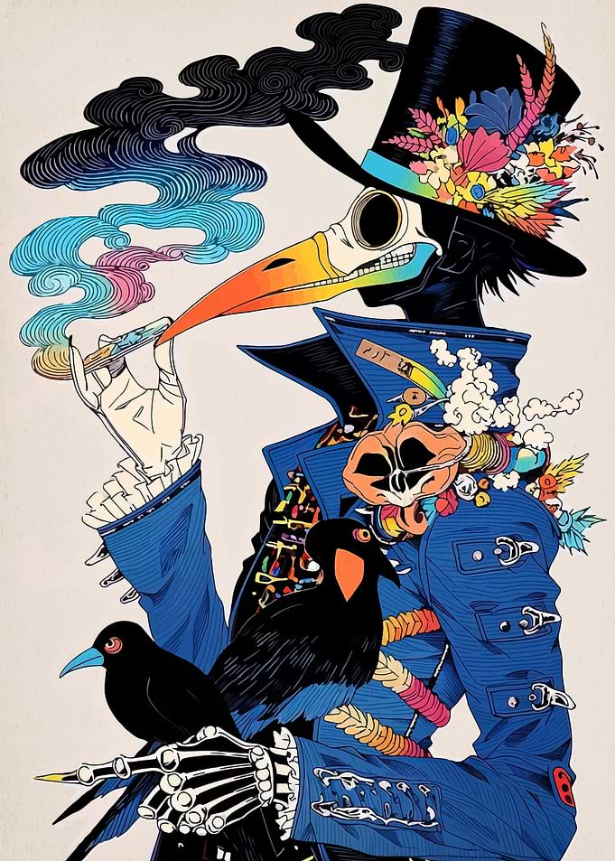 Plague Doctor with Crows and Flowers