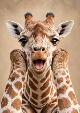 Surprised Baby Giraffe with Paws on Cheeks