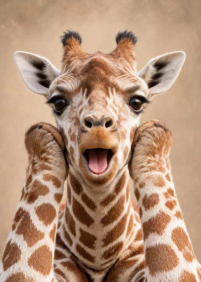 Surprised Baby Giraffe with Paws on Cheeks