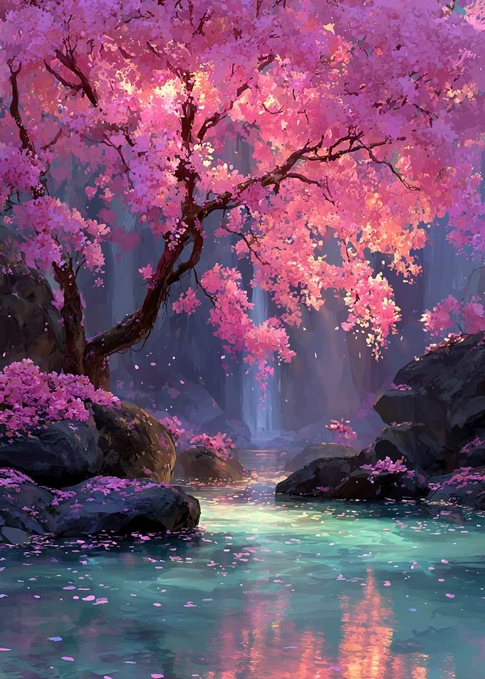 Enchanted Cherry Blossom Waterfall