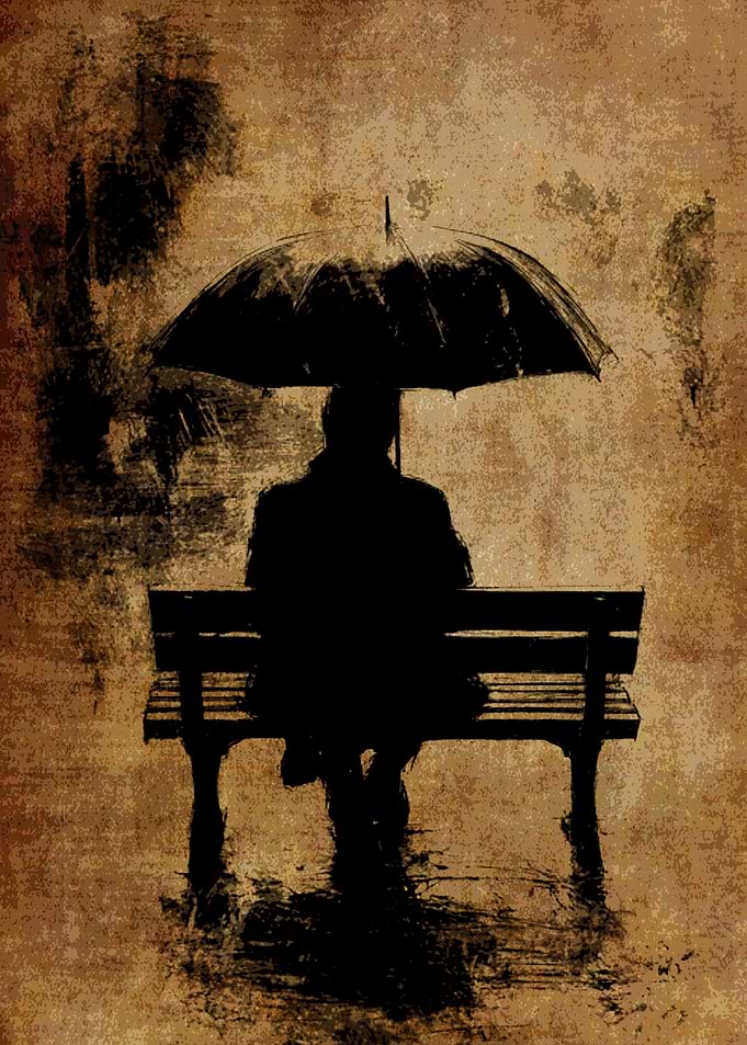 Man with Umbrella on Bench
