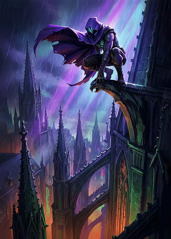 Stealthy figure on a gothic rooftop