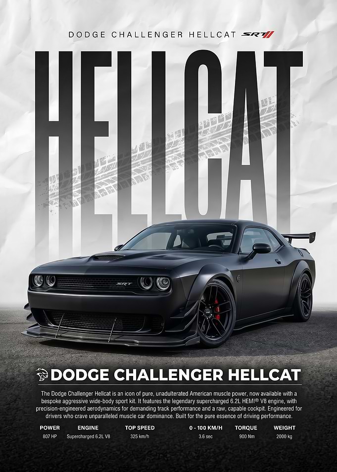 sleek black Dodge Challenger SRT Hellcat muscle car