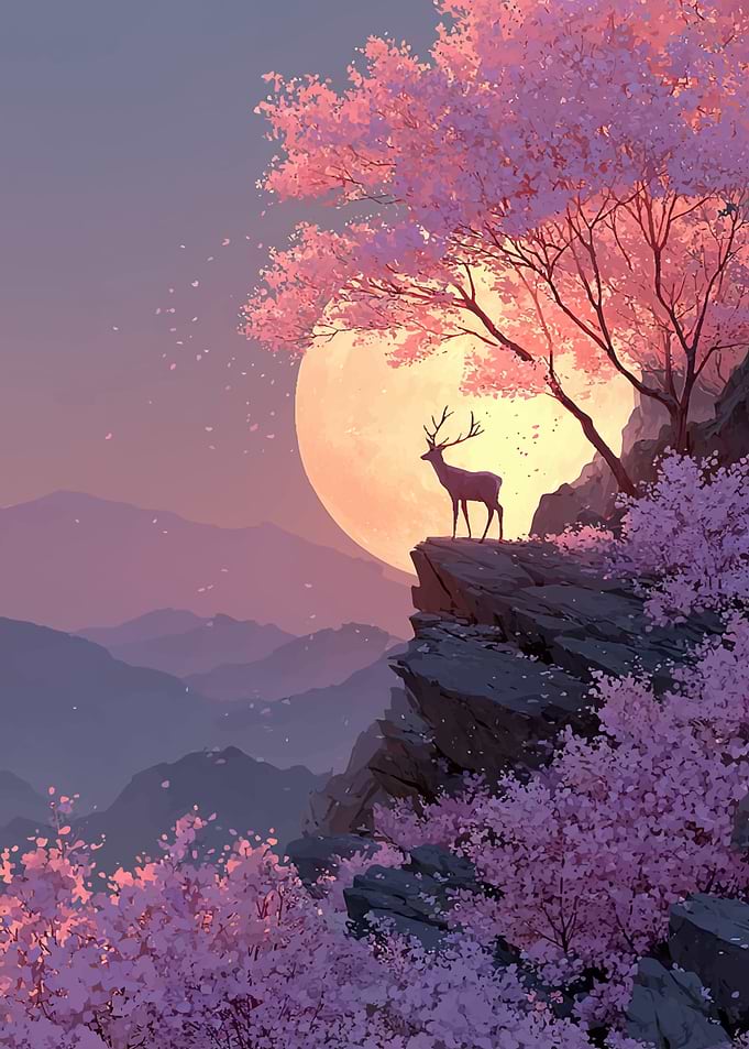 Deer on Cliff Under Cherry Blossoms