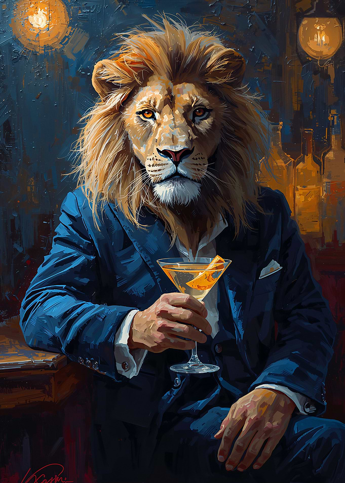 Anthropomorphic Lion in a Suit with Cocktail