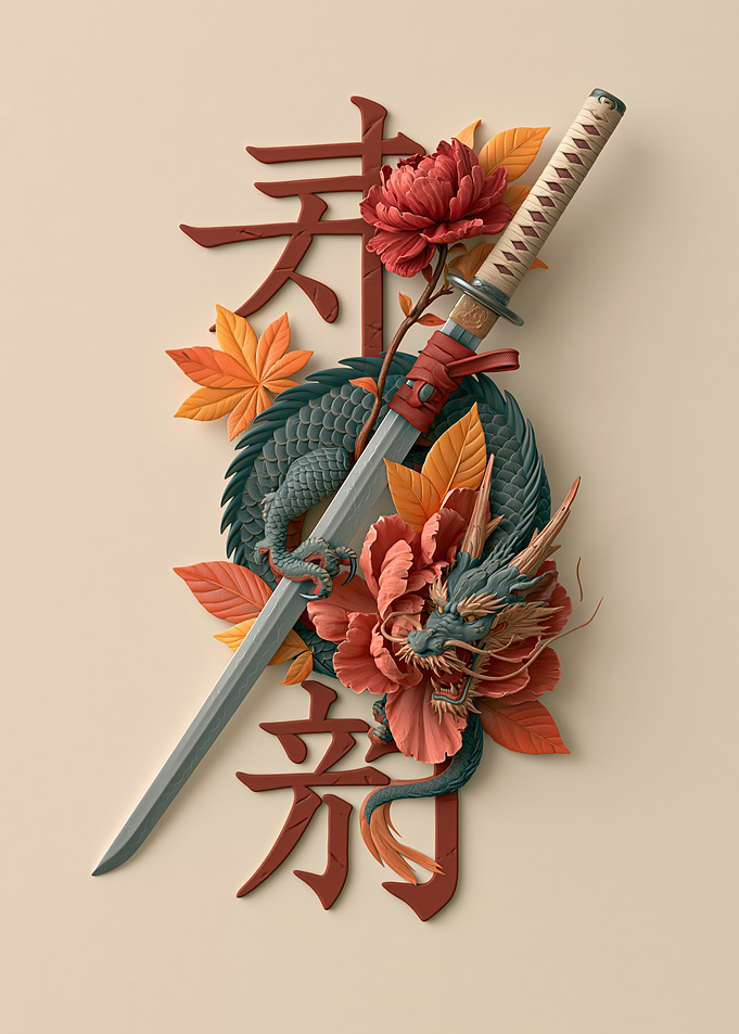 Samurai Sword with Dragon and Flowers