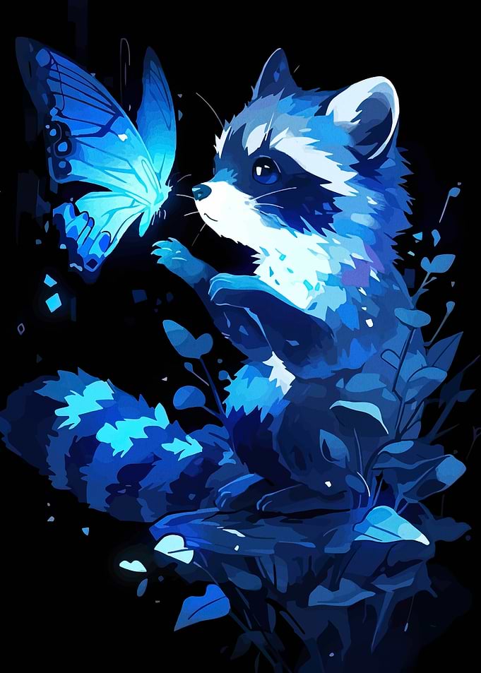 Blue Raccoon and Butterfly