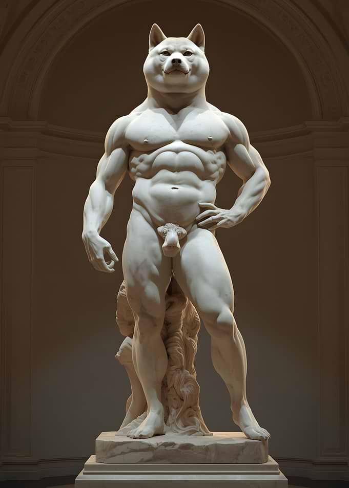 Marble Hero: Muscular Anthropomorphic Dog Sculpture in Classical Style