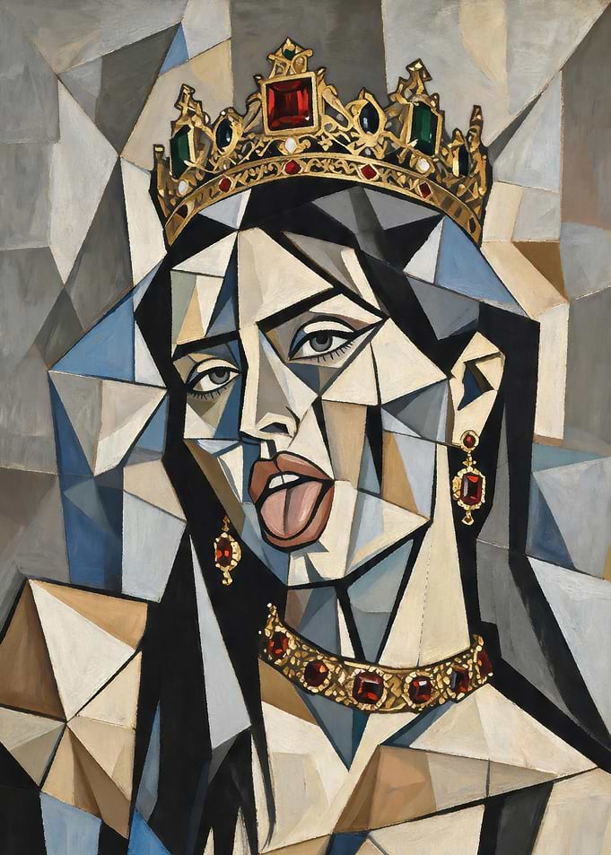 Cubist Queen with Crown and Jewels