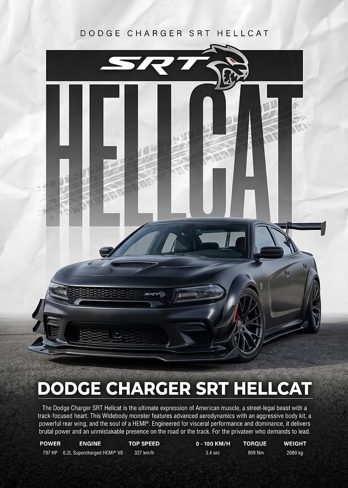 sleek black Dodge Charger SRT Hellcat Poster