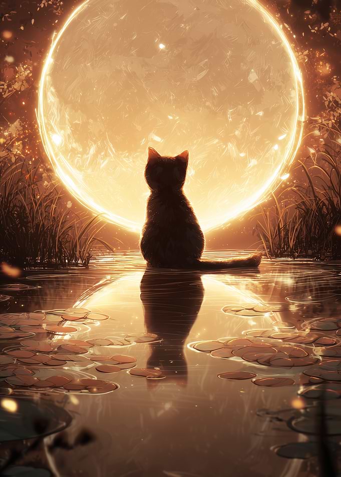 Cat Gazing at a Giant Moon Reflection