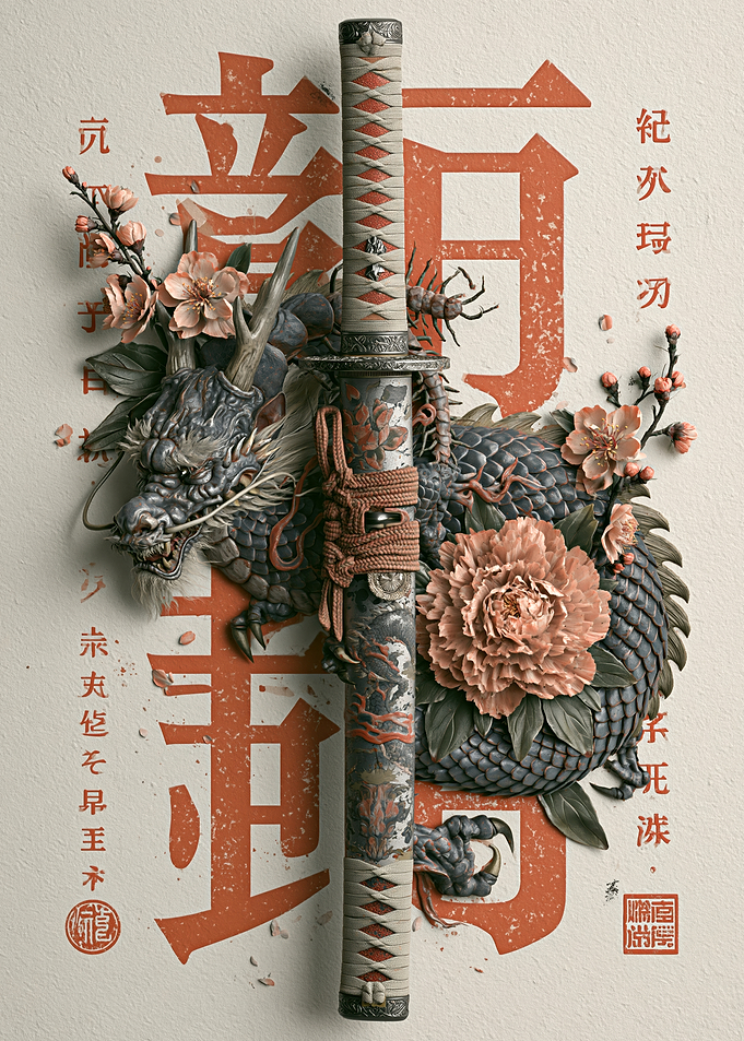 Japanese Dragon and Katana Art