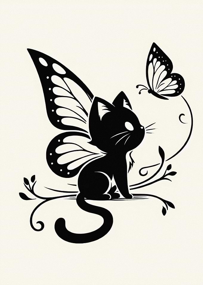 Black Cat with Butterfly Wings and Butterfly