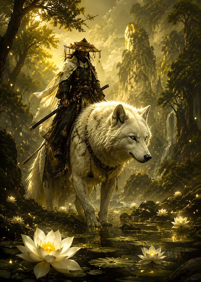 Samurai Riding a White Wolf