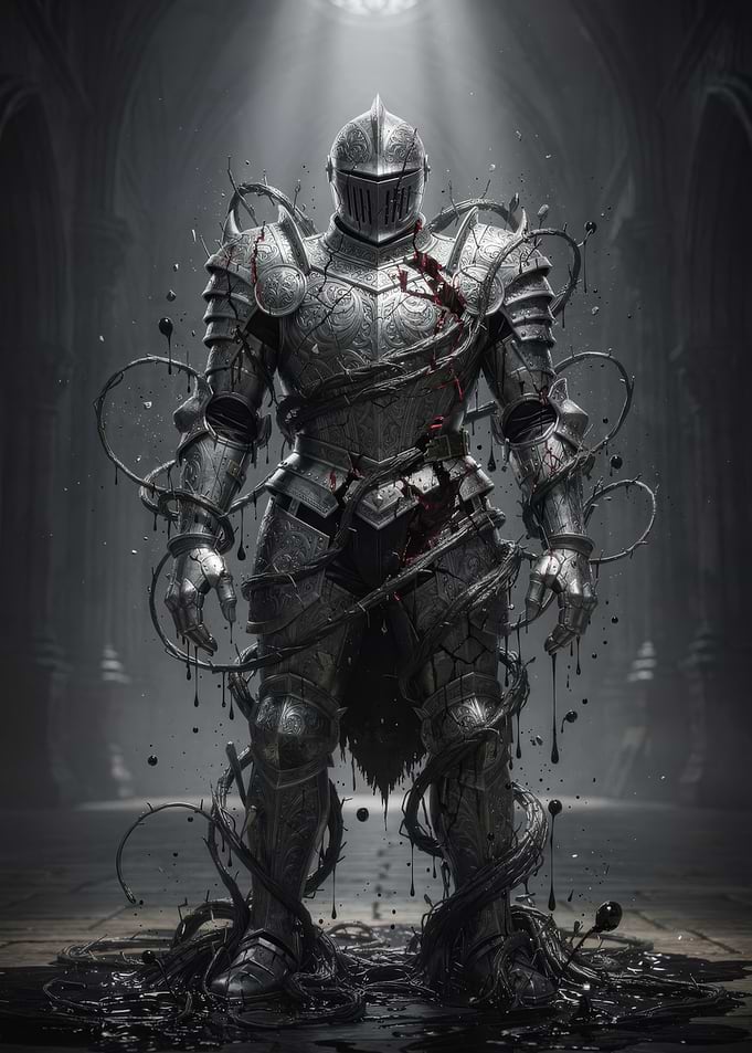 Armored Knight Bound by Thorned Vines — Dark Gothic Fantasy Illustration