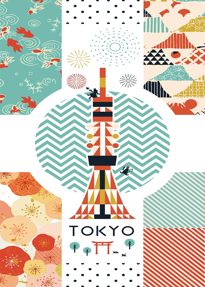 Tokyo Tower with Japanese Patterns
