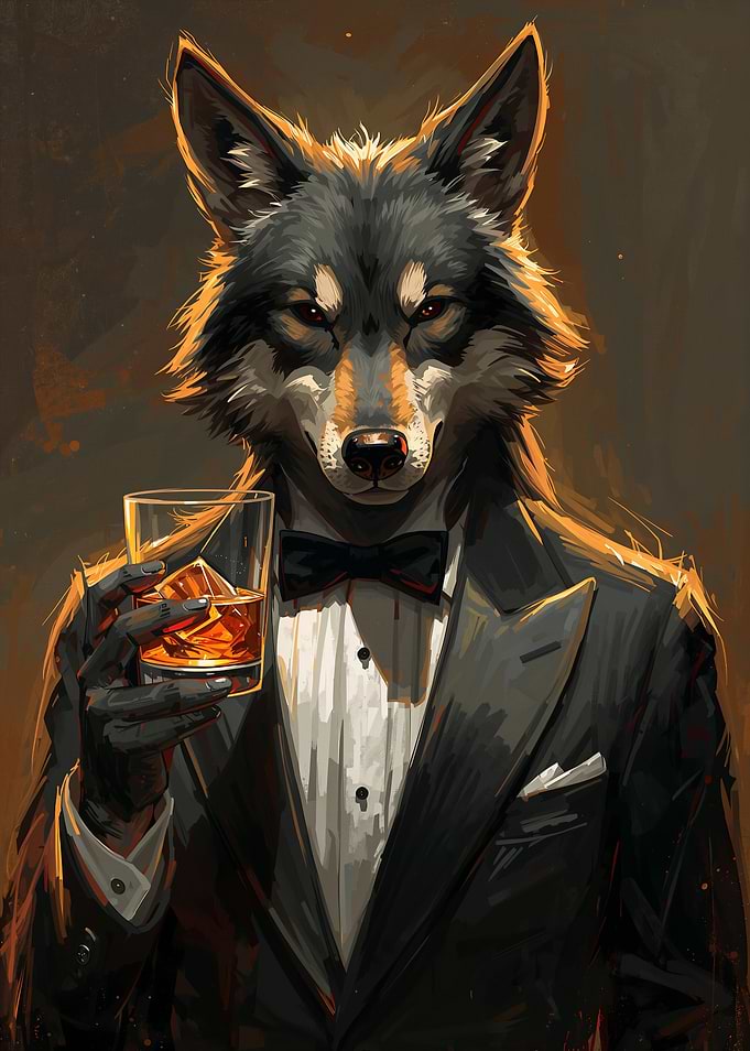 Wolf in a Tuxedo with Whiskey