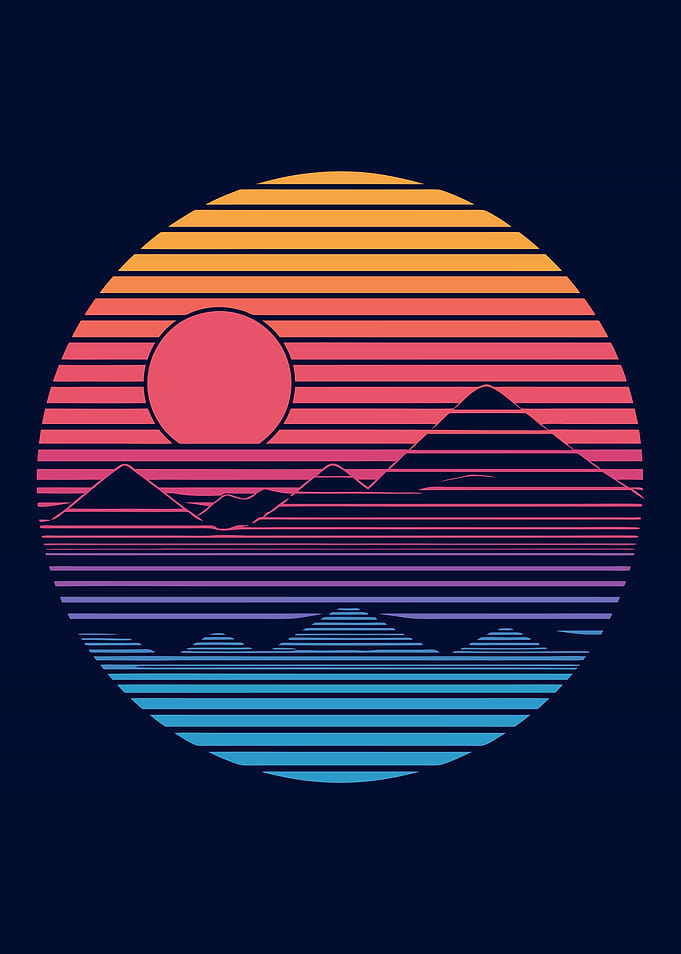 Retro Sunset Mountain Landscape