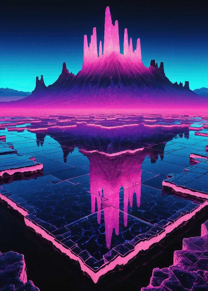 Neon Crystal Spire Rising Above a Reflective Tiled Lake