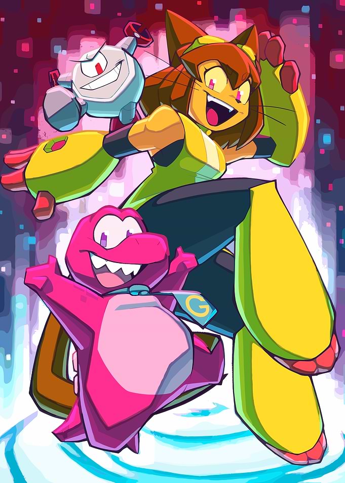 Three cartoon characters in a dynamic pose