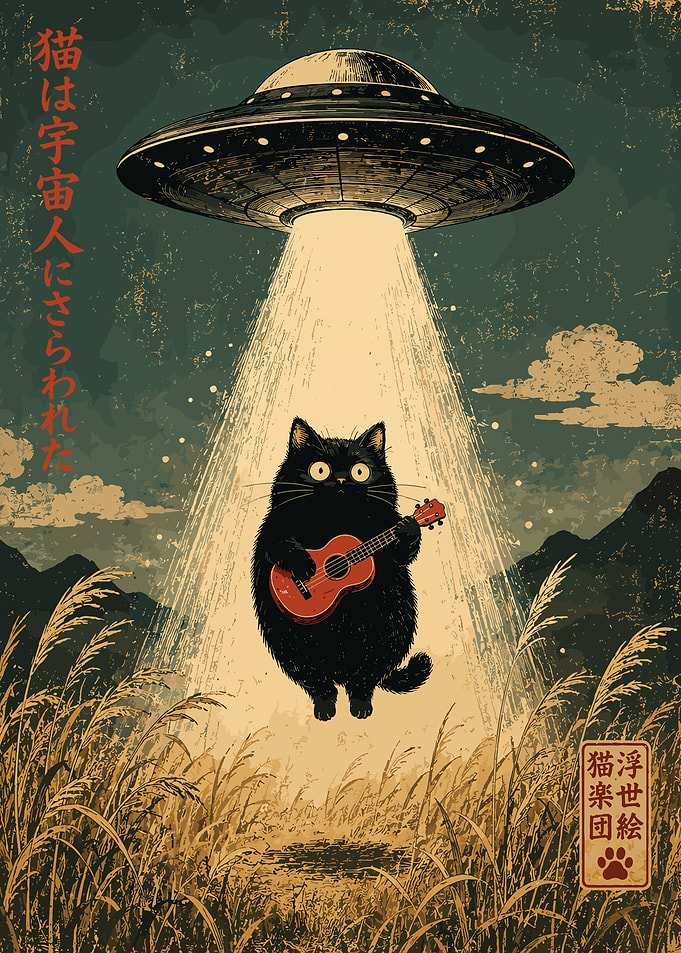Alien Cat Ukulele Player – Retro UFO Japanese Surreal Poster