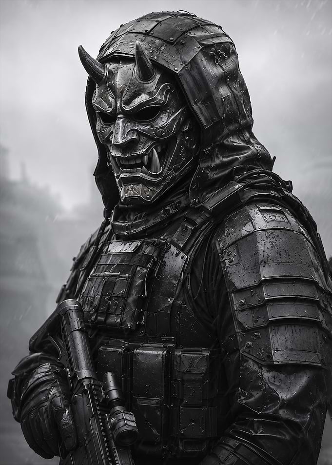 Oni Mask Tactical Soldier in the Rain
