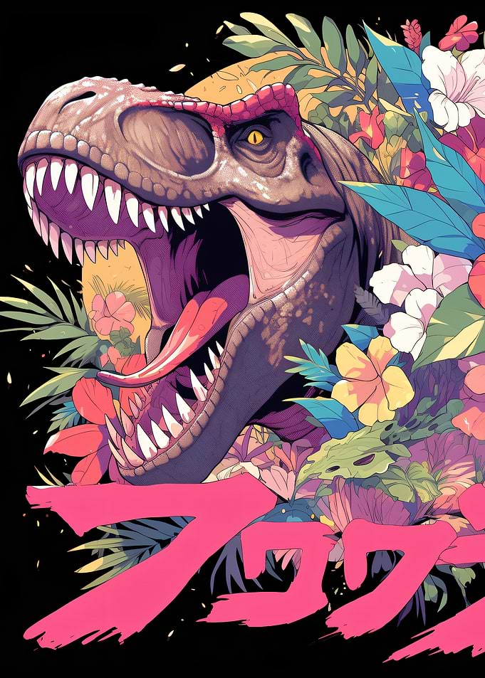 Dinosaur Roaring Amidst Tropical Flowers