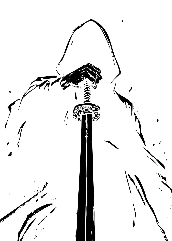 Mysterious hooded figure with a sword