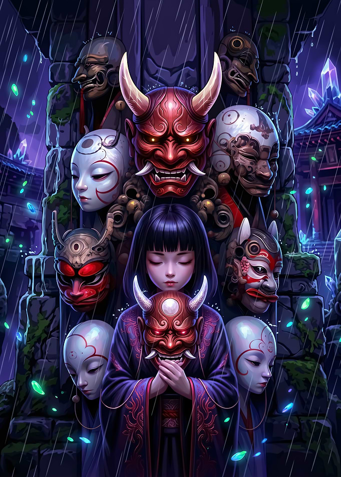 Girl with Japanese Masks