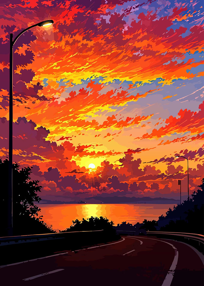 Vibrant Sunset Over a Coastal Road