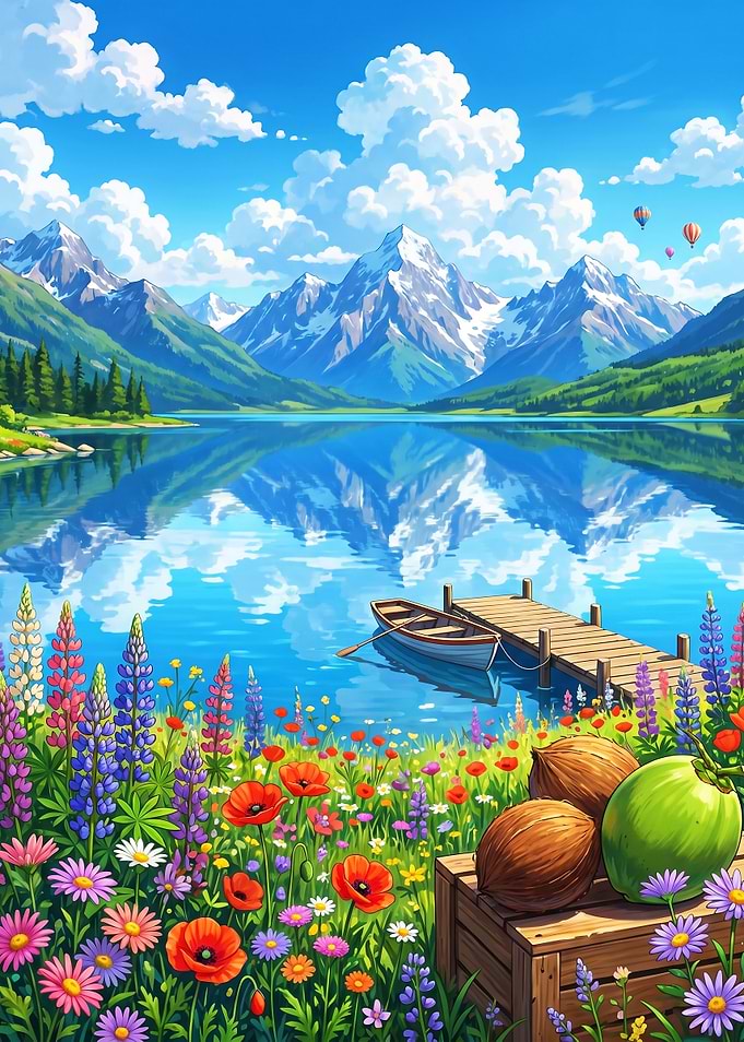 Serene Mountain Lake with Wildflowers