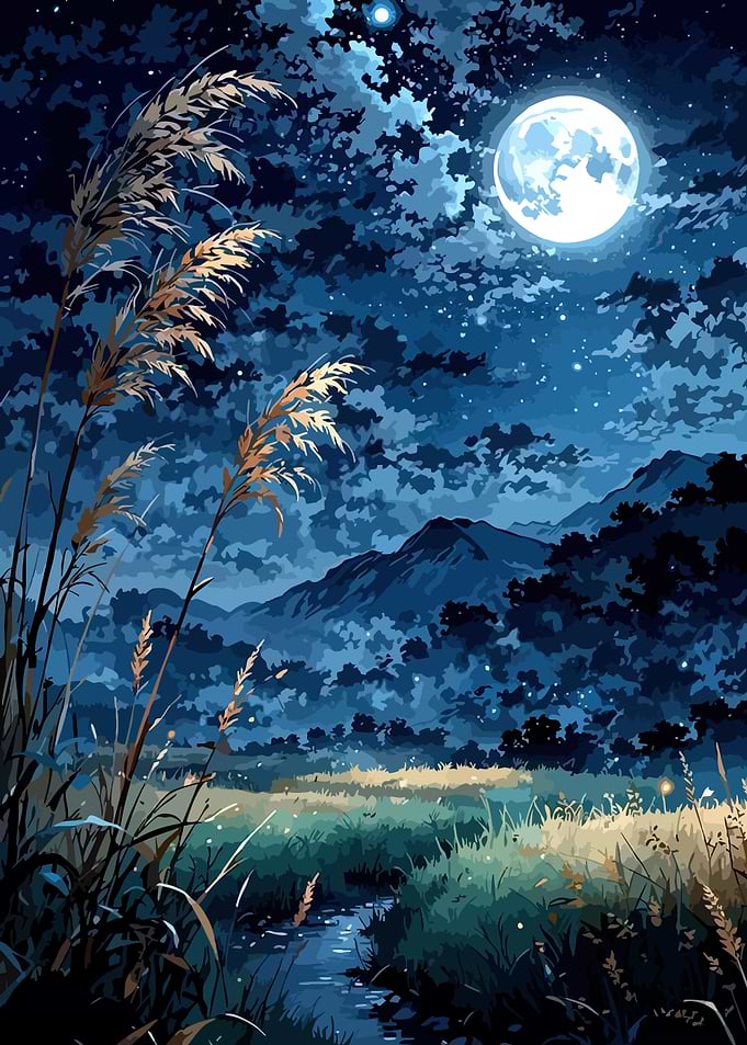 Moonlit Night Landscape with Reeds