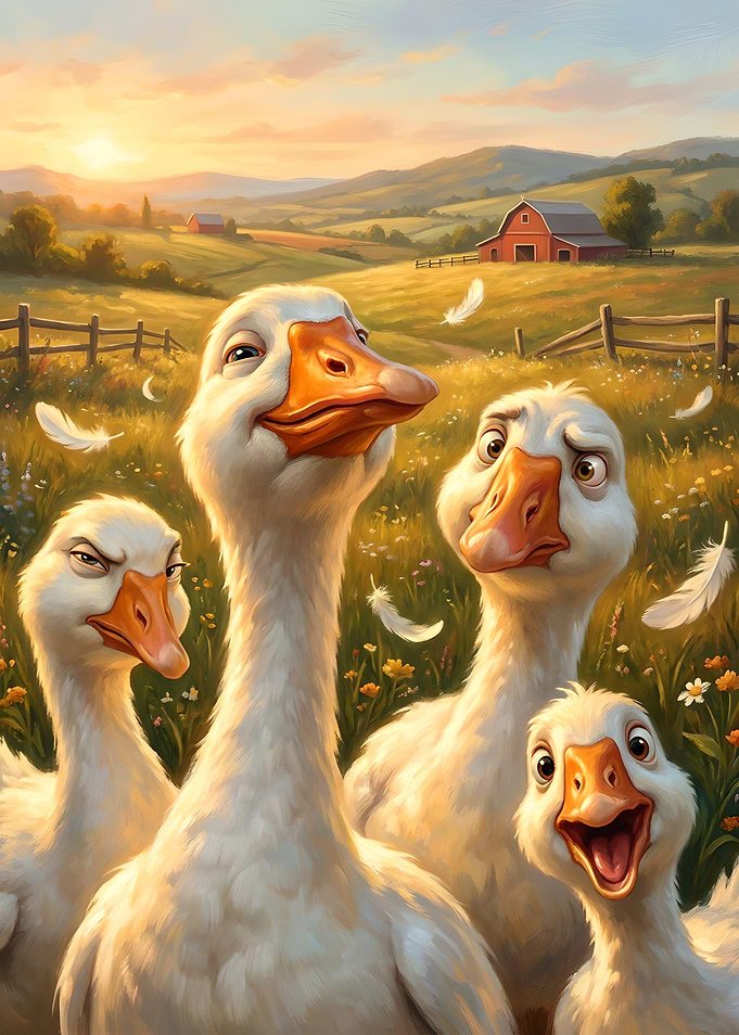 Funny Geese in a Field