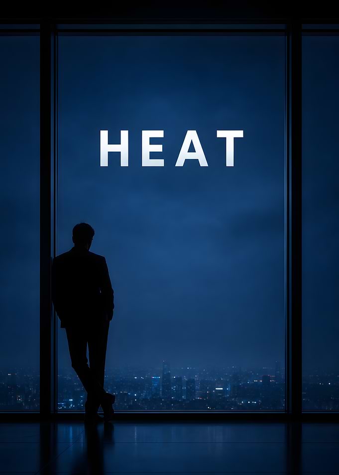 Man looking at city lights with HEAT text